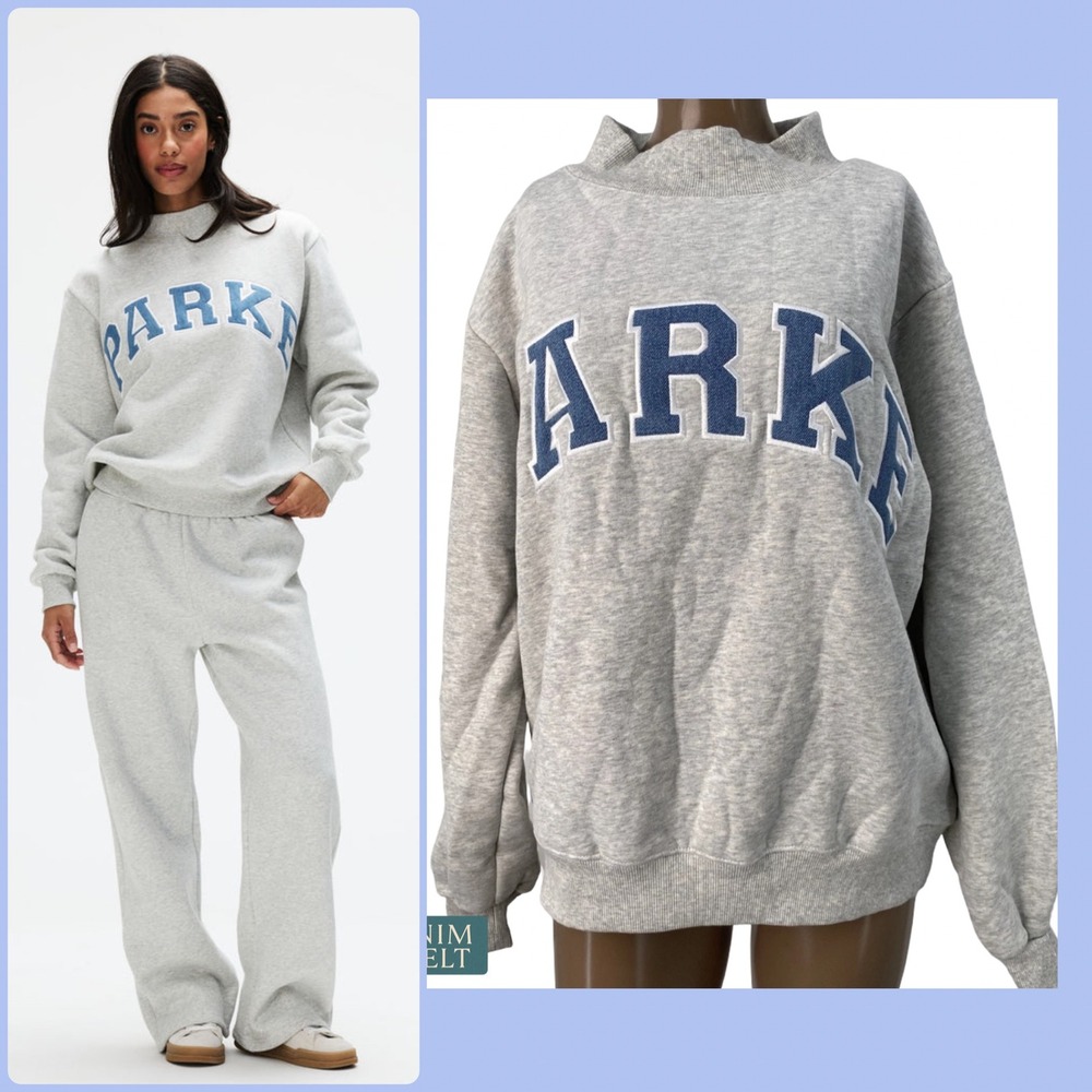 NEW Parke Vintage Denim Varsity Mockneck Sweatshirt Classic Grey Blue S/M